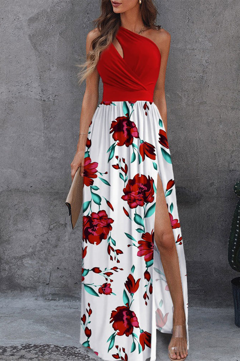 Sexy Elegant Print Hollowed Out Slit Oblique Collar A Line Dresses