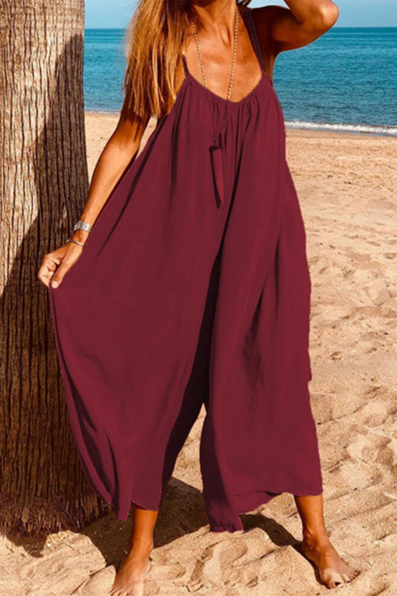 Casual Simplicity Solid Solid Color V Neck Loose Jumpsuits(6 Colors)