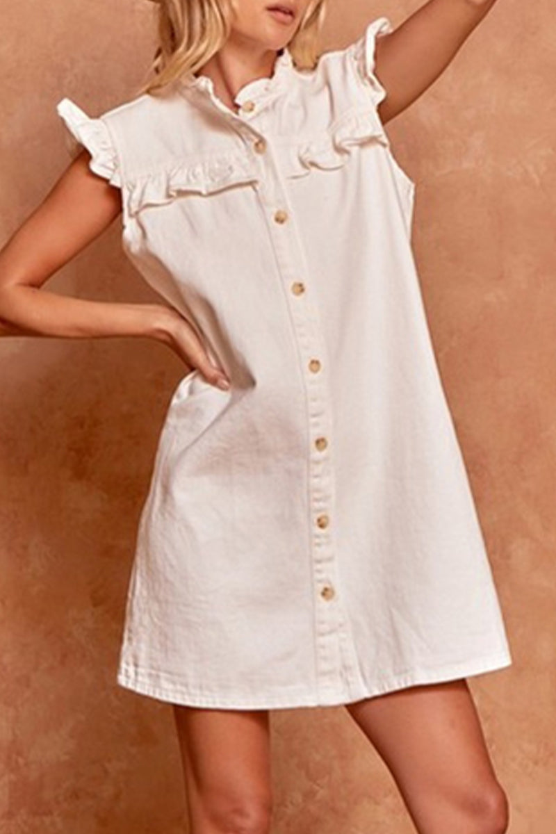 Casual Daily Solid Make Old Buckle Lotus Leaf Collar Short Sleeve Straight Denim Dresses