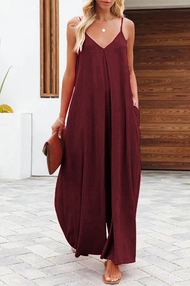 Casual Solid Color V Neck Loose Jumpsuits(6 Colors)