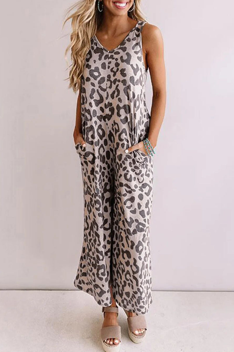 Casual College Leopard Pocket Loose Jumpsuits