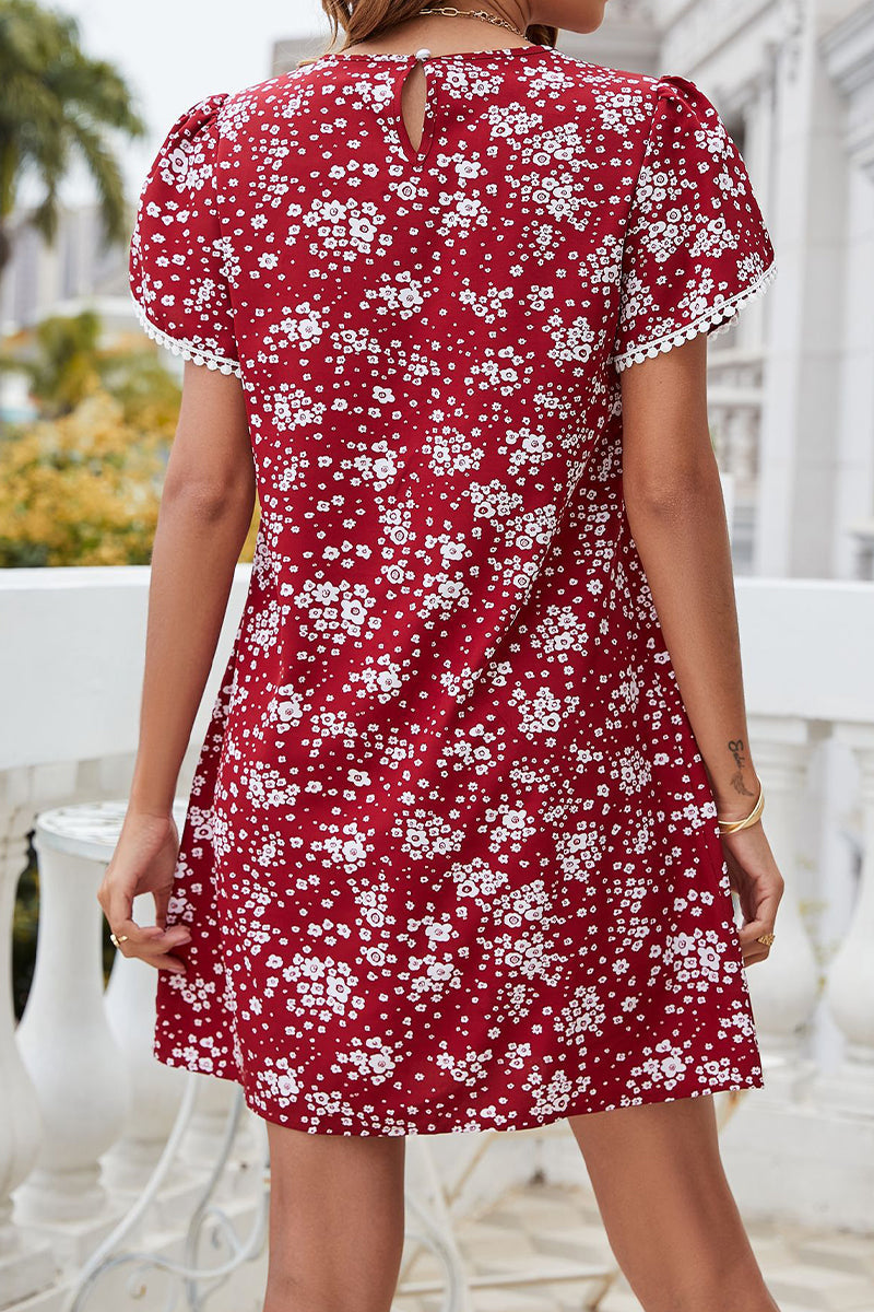 Sweet Cute Print Tassel Patchwork O Neck Short Sleeve Dress