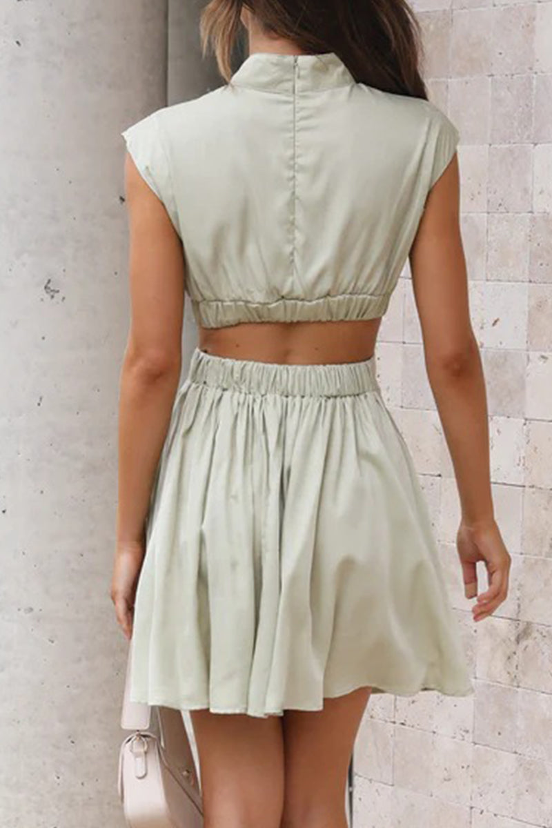 Sweet Elegant Solid Ripped Mandarin Collar Waist Skirt Dresses