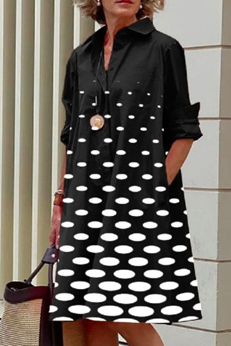 Casual Print Polka Dot Patchwork Buckle Turndown Collar Shirt Dress Dresses(13 Colors)