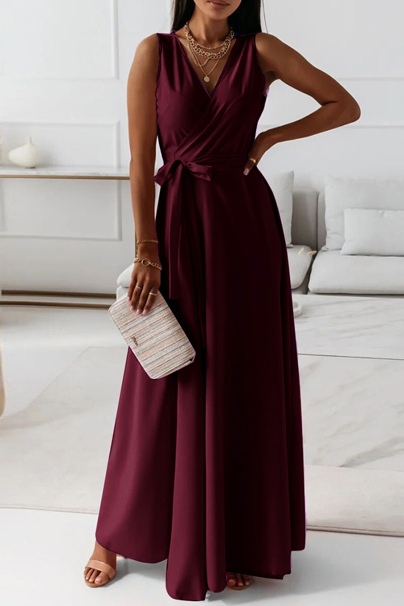 Celebrities Elegant Solid With Belt V Neck Evening Dress Dresses(4 Colors)