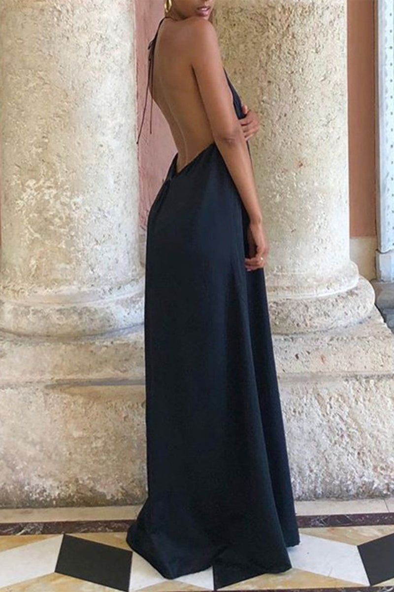 Sexy Elegant Solid Frenulum Backless Asymmetrical Halter Evening Dress Dresses