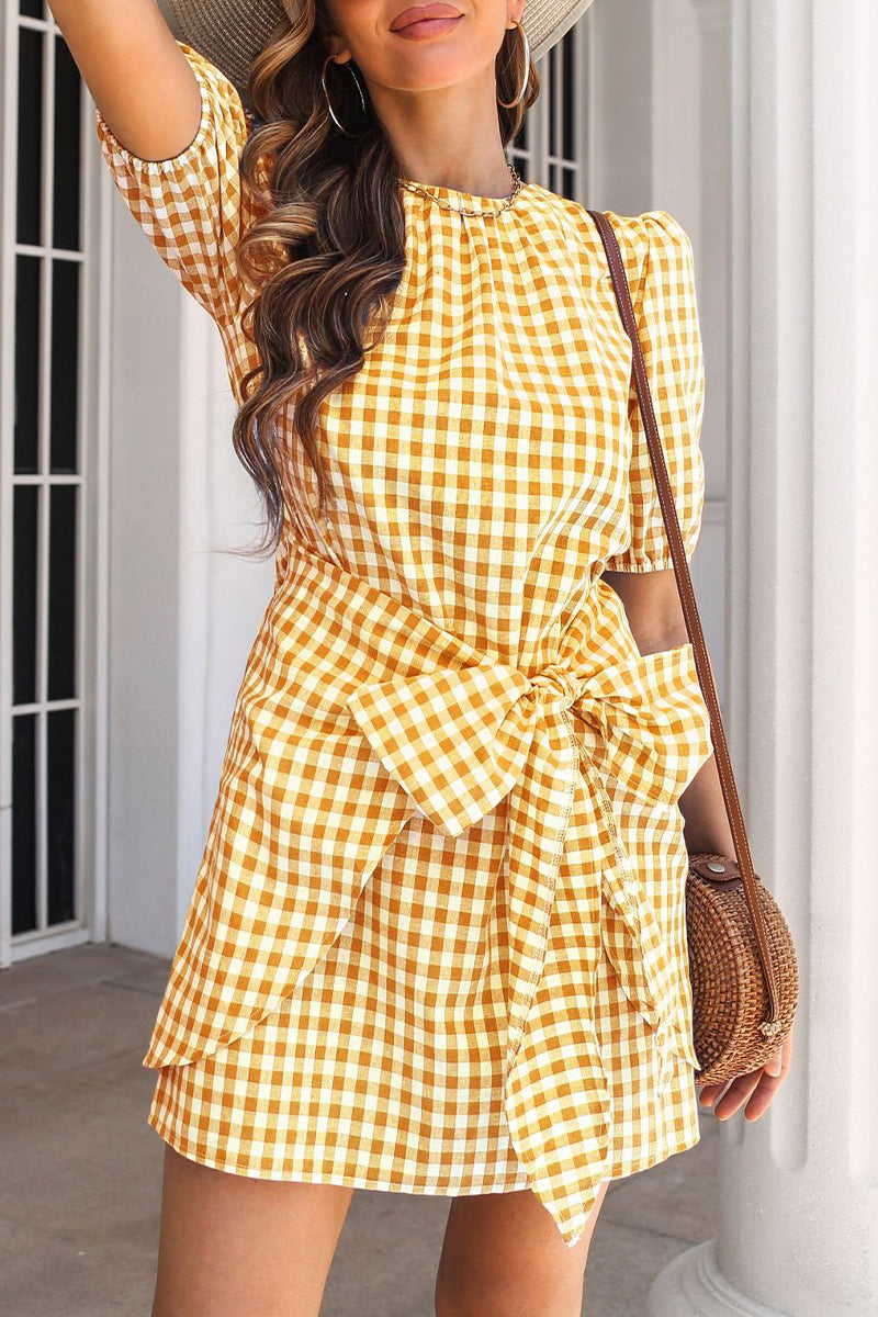 Sweet Cute Plaid Frenulum O Neck A Line Dresses