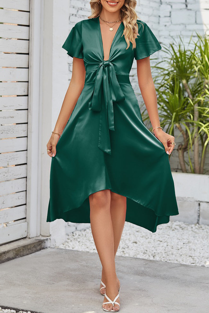 Celebrities Elegant Solid Fold With Bow V Neck A Line Dresses(9 Colors)