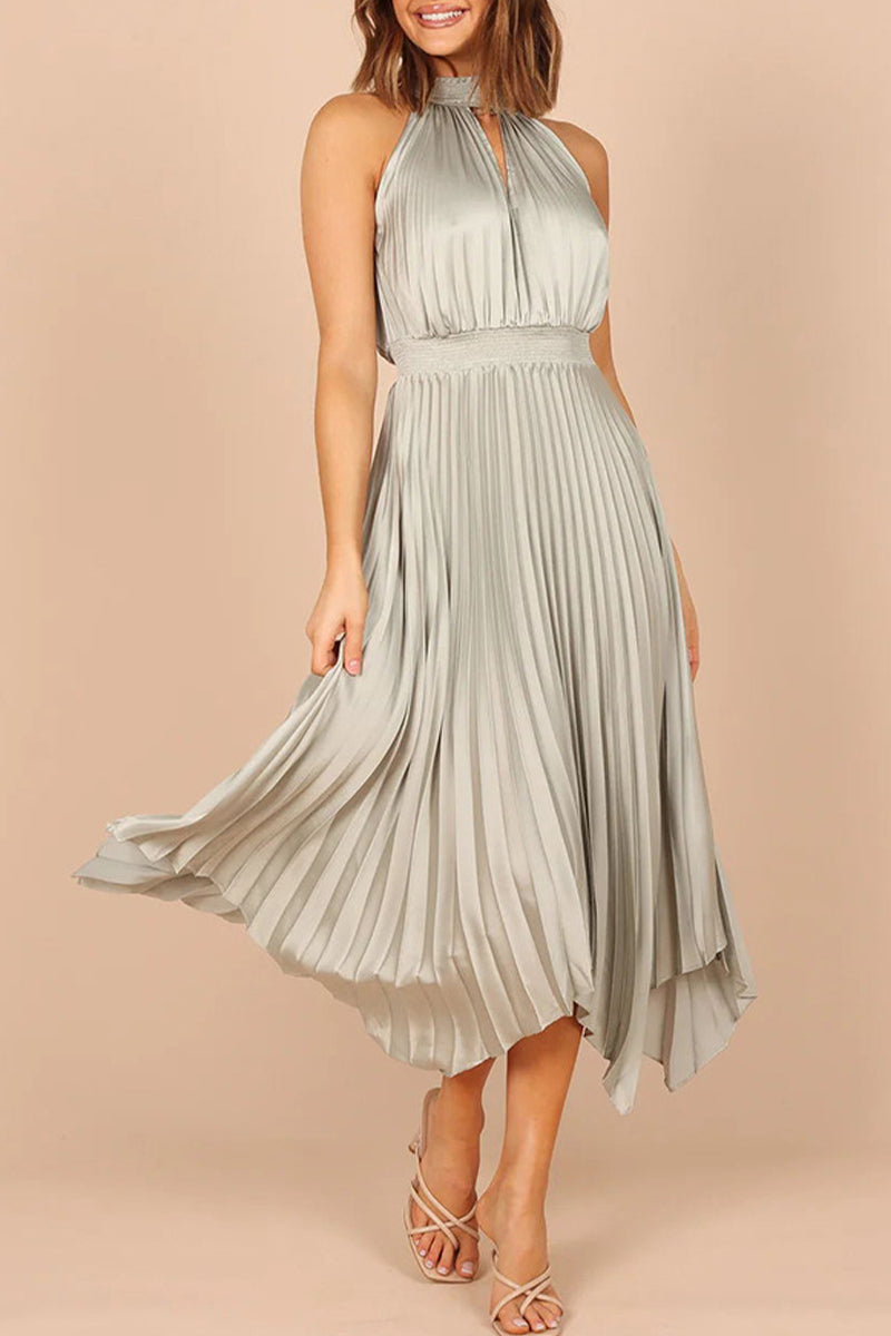 Sweet Elegant Solid Fold Asymmetrical Halter Irregular Dress Dresses