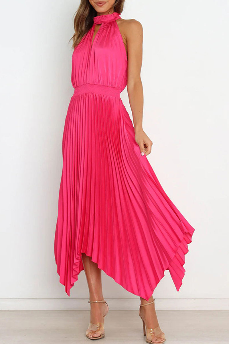 Sweet Elegant Solid Fold Asymmetrical Halter Irregular Dress Dresses