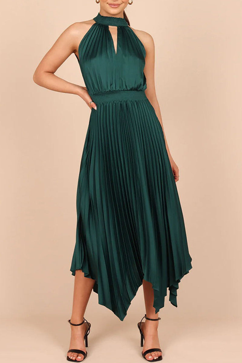 Sweet Elegant Solid Fold Asymmetrical Halter Irregular Dress Dresses