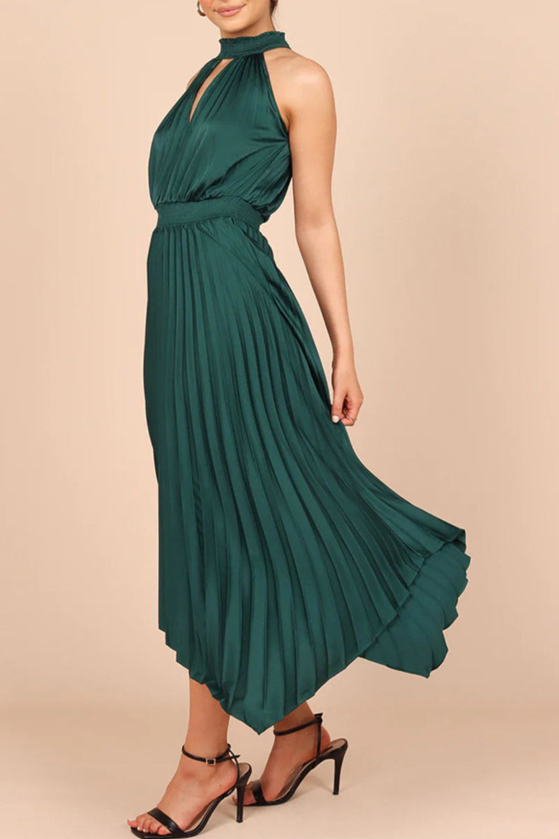 Sweet Elegant Solid Fold Asymmetrical Halter Irregular Dress Dresses