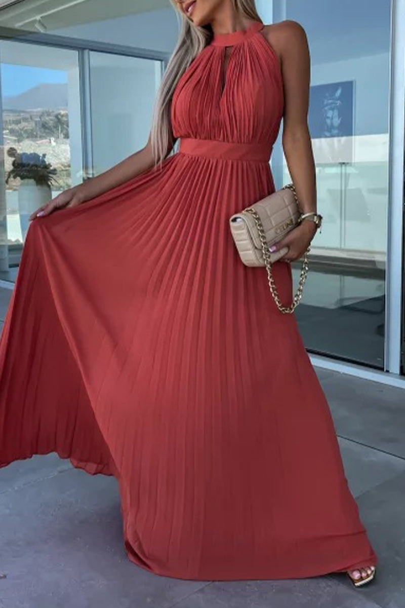 Celebrities Elegant Solid Fold Halter Waist Skirt Dresses