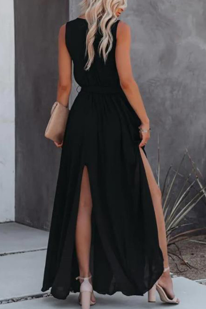 Sexy Casual Solid Slit V Neck Sleeveless Dress Dresses