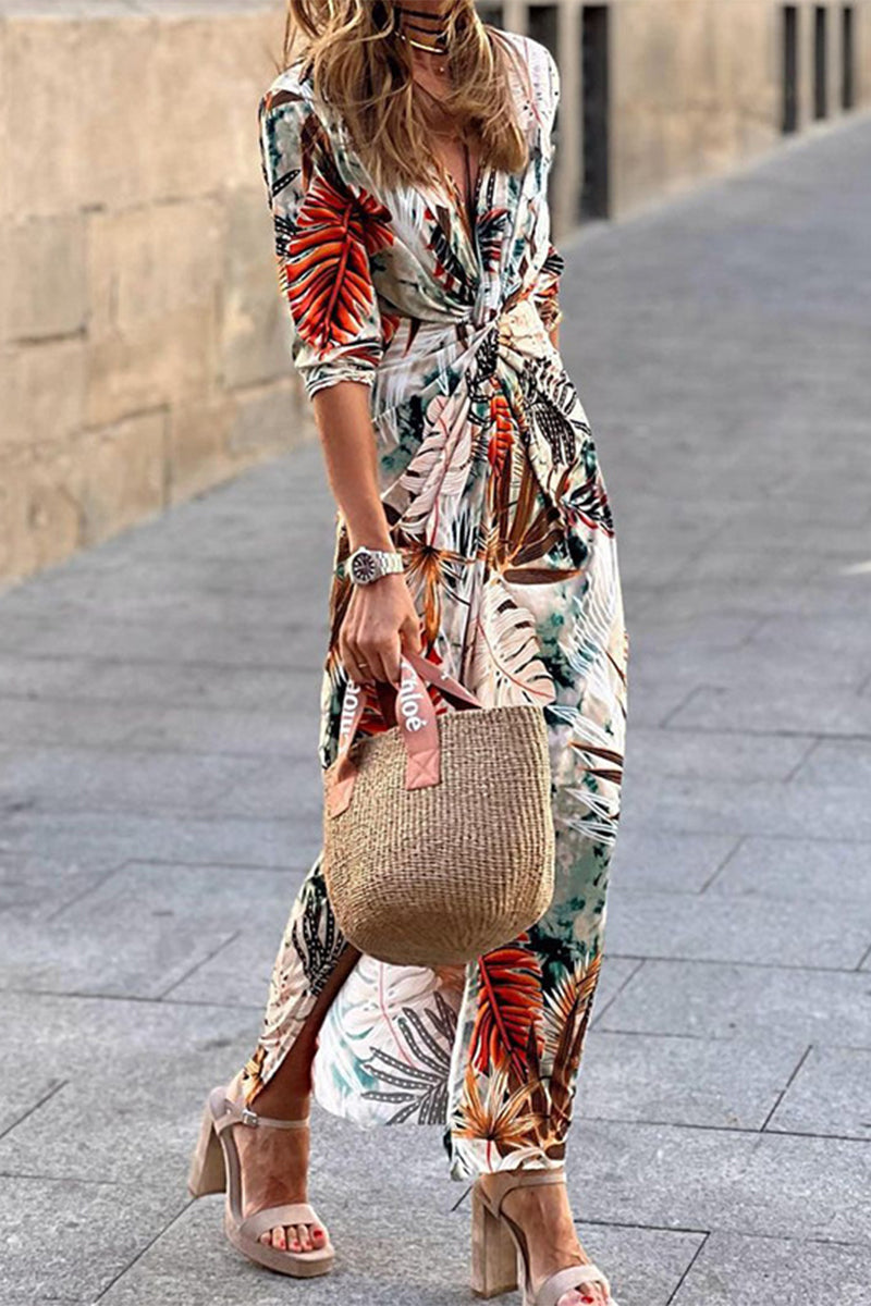 Street Elegant Print Patchwork V Neck A Line Dresses