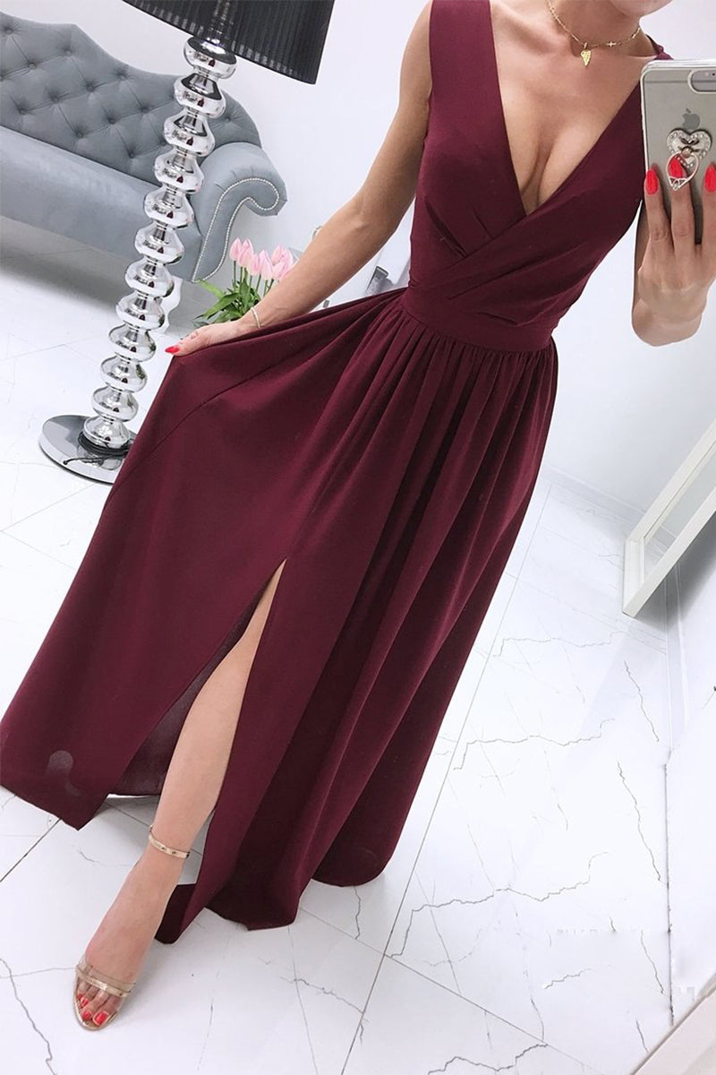 Sexy Simplicity Solid Slit V Neck Princess Dresses(6 Colors)