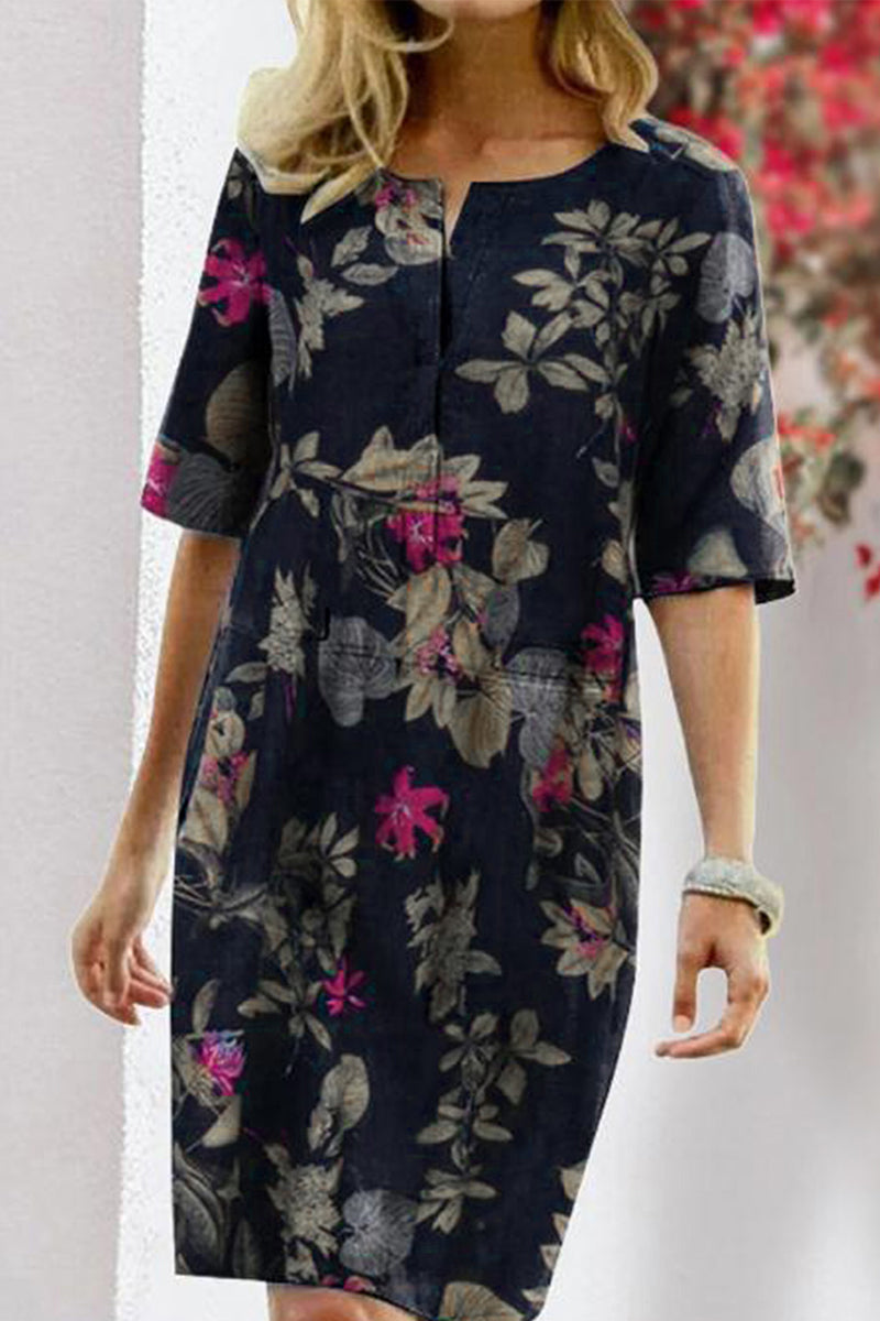 Elegant College Floral Patchwork O Neck Printed Dress Dresses(5 Colors)