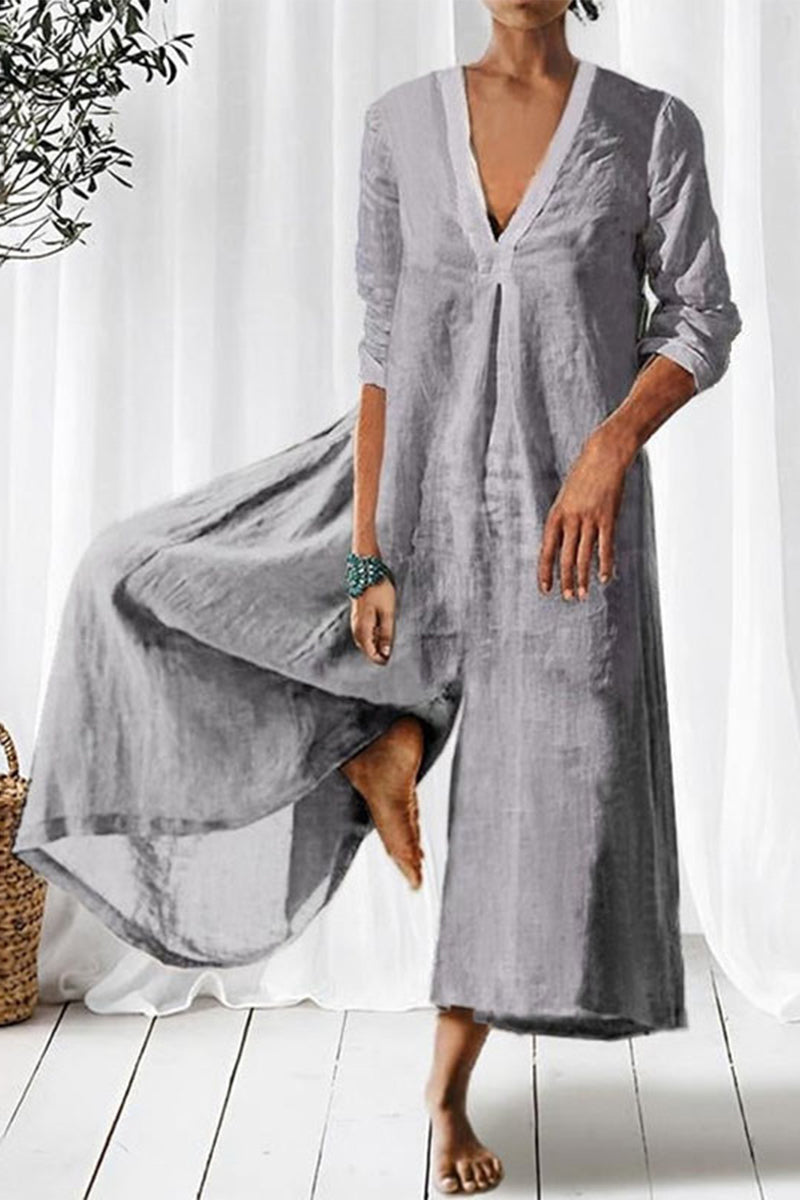 Casual Simplicity Solid Fold V Neck Loose Jumpsuits