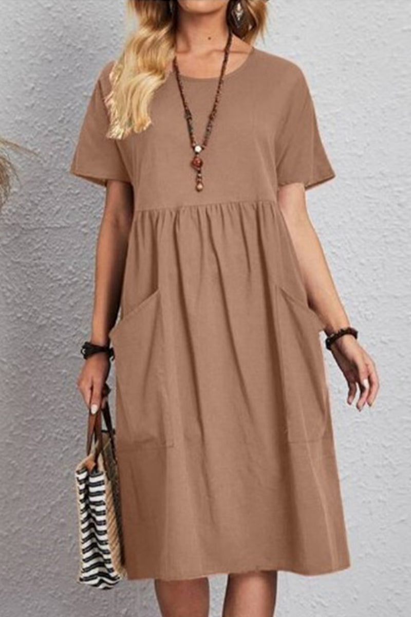 Casual Simplicity Solid Pocket O Neck Short Sleeve Dress Dresses(4 Colors)