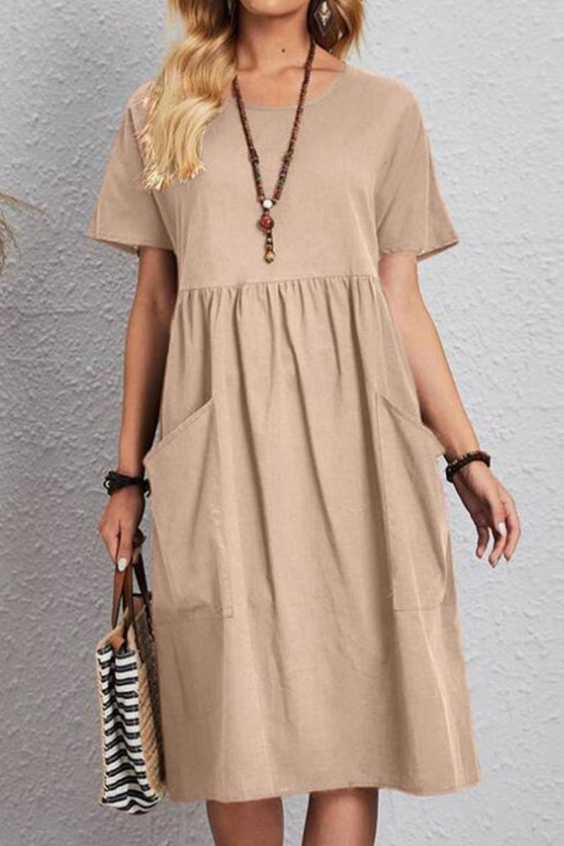 Casual Simplicity Solid Pocket O Neck Short Sleeve Dress Dresses(4 Colors)