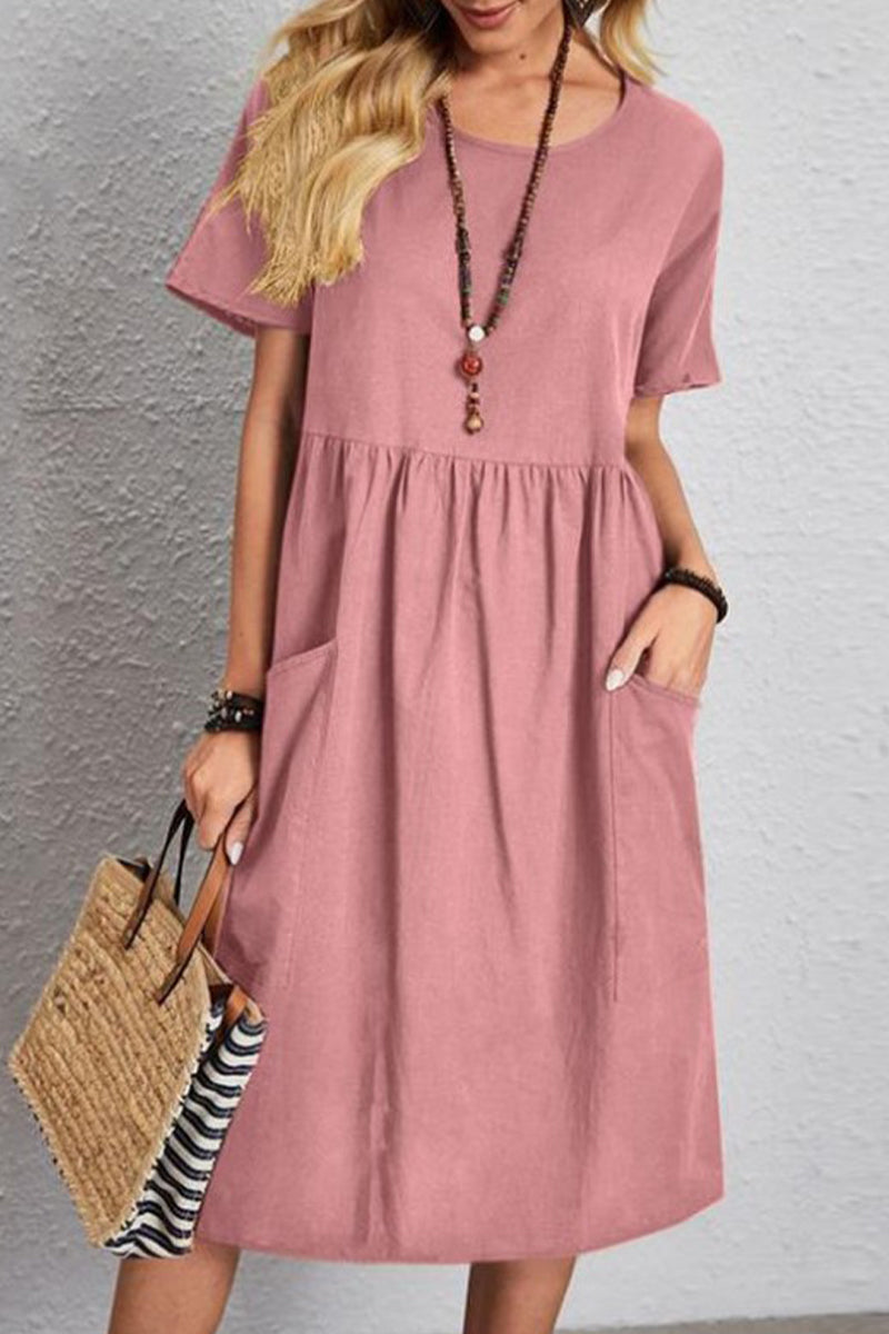 Casual Simplicity Solid Pocket O Neck Short Sleeve Dress Dresses(4 Colors)