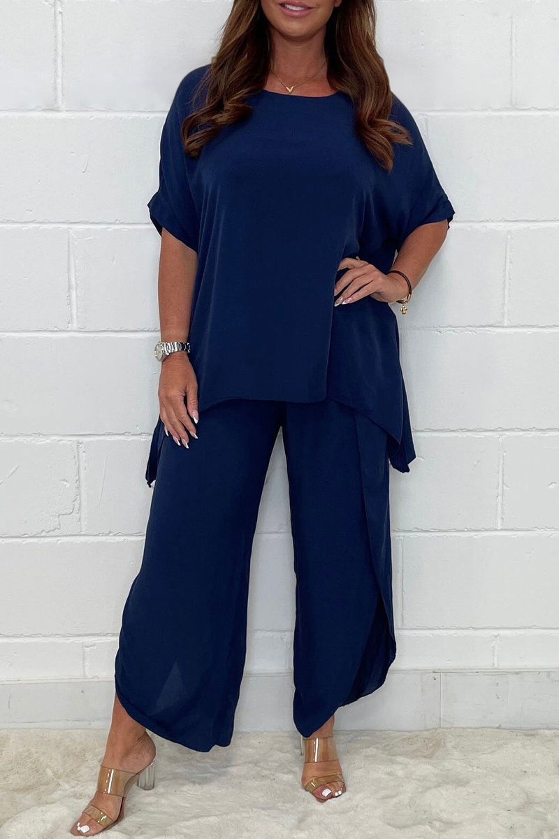 Plus Size Casual Solid Asymmetrical O Neck Short Sleeve Two Pieces(9 Colors)