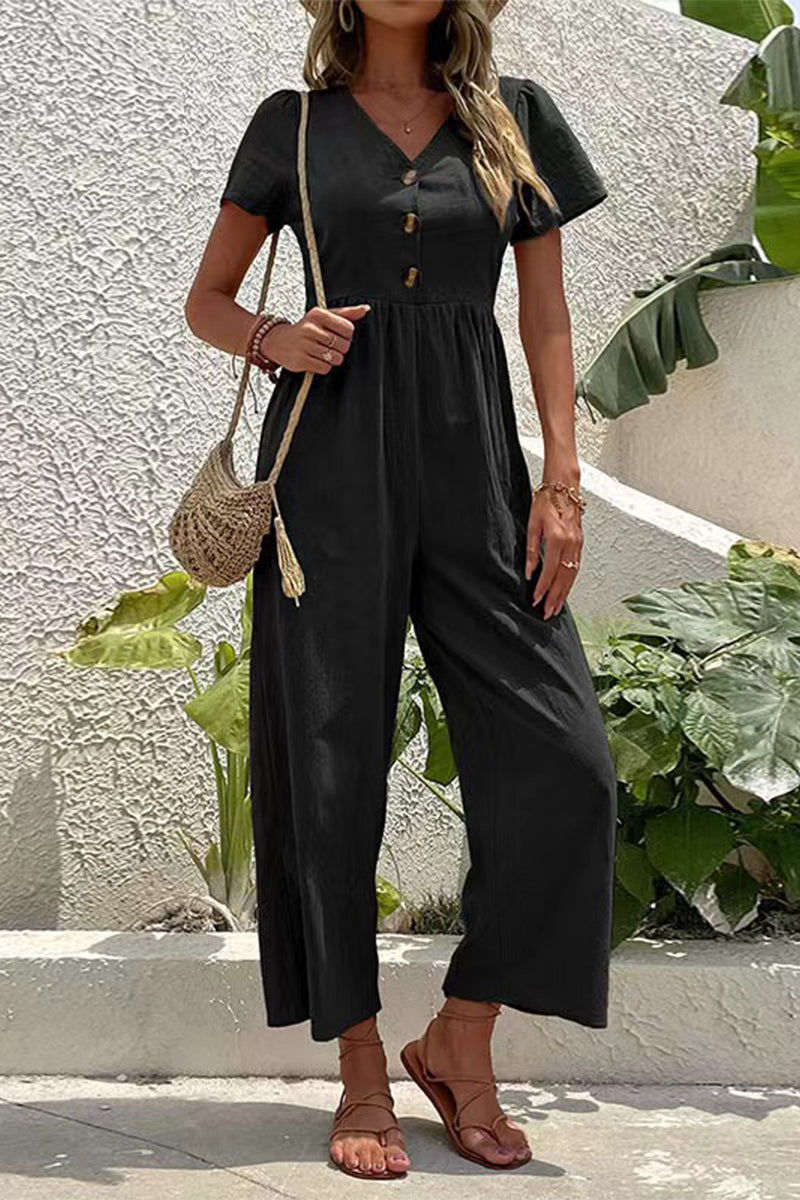 Casual Solid Buttons V Neck Loose Jumpsuits(5 Colors)