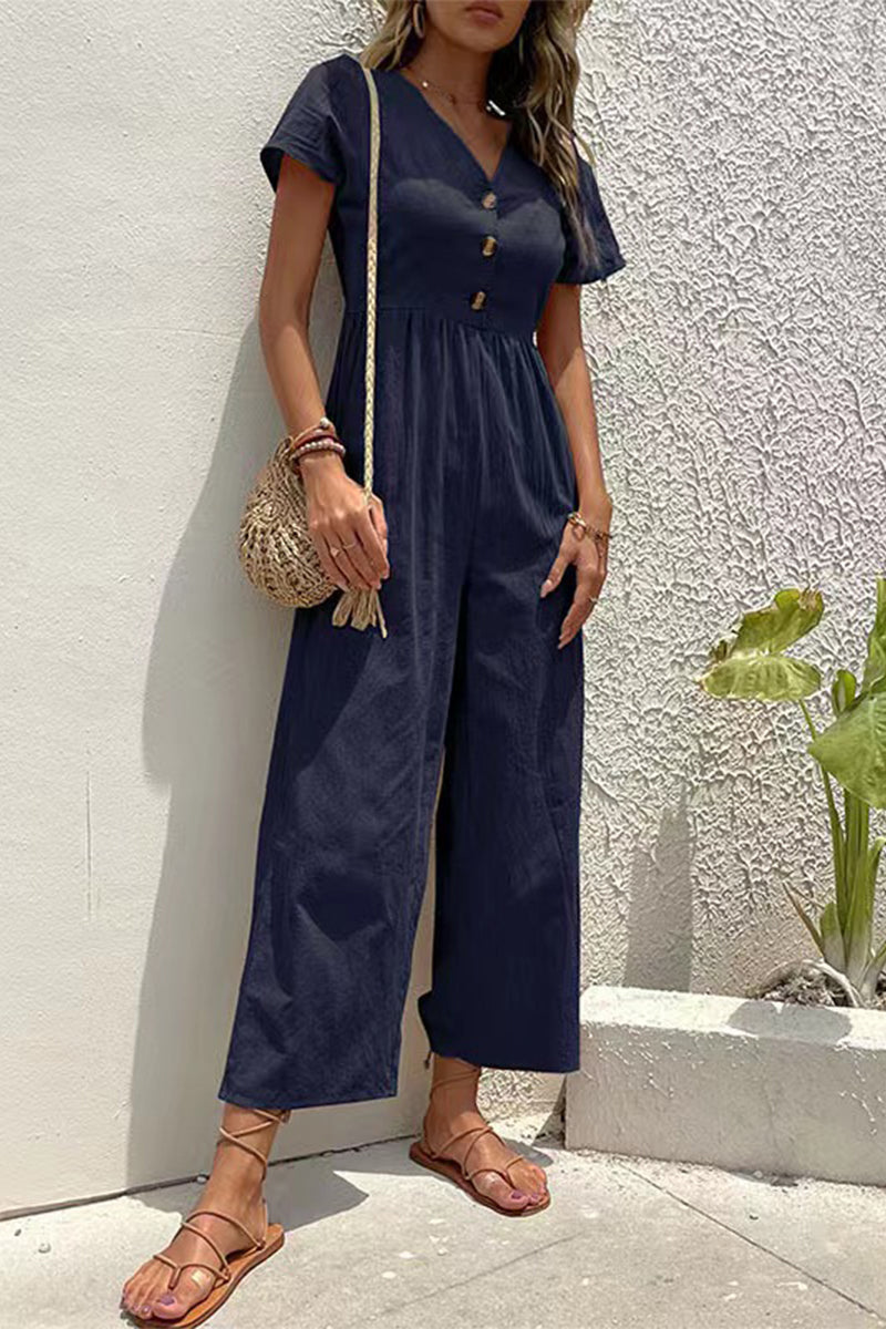 Casual Solid Buttons V Neck Loose Jumpsuits(5 Colors)