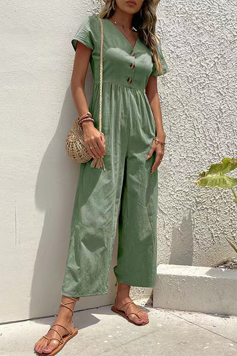 Casual Solid Buttons V Neck Loose Jumpsuits(5 Colors)