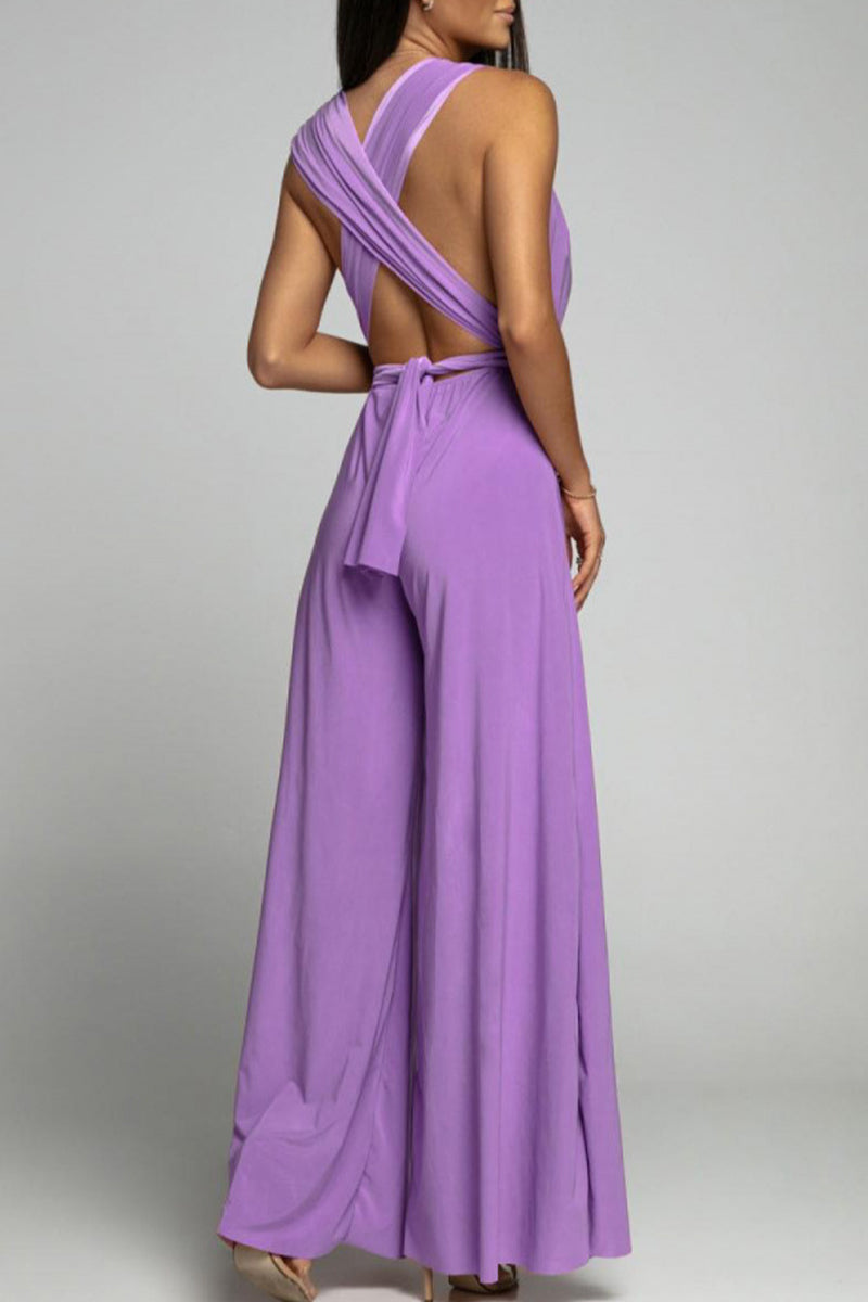 Casual Elegant Solid Backless Cross Straps V Neck Jumpsuits(4 Colors)