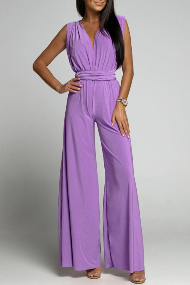 Casual Elegant Solid Backless Cross Straps V Neck Jumpsuits(4 Colors)