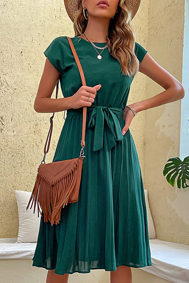 Elegant Solid Frenulum Fold O Neck Pleated Dresses