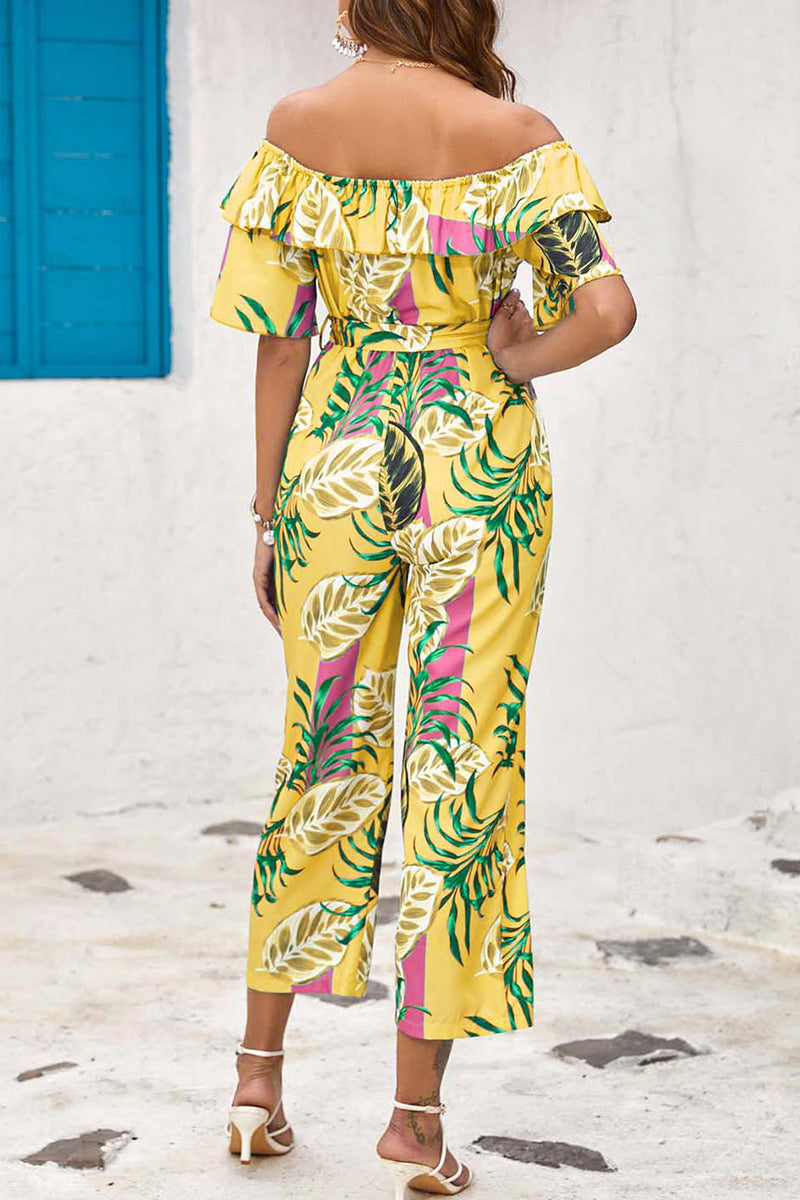 Bohemian College Floral Patchwork Flounce O Neck Loose Jumpsuits