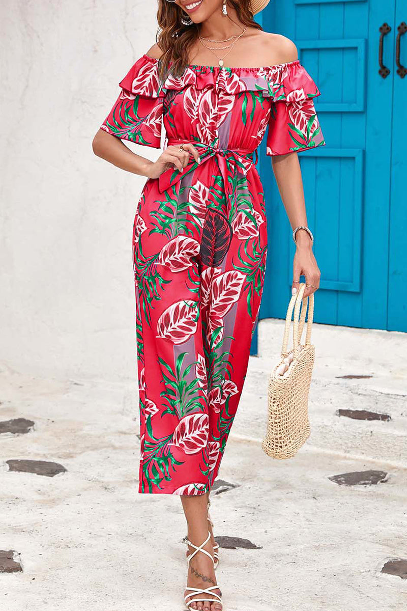 Bohemian College Floral Patchwork Flounce O Neck Loose Jumpsuits