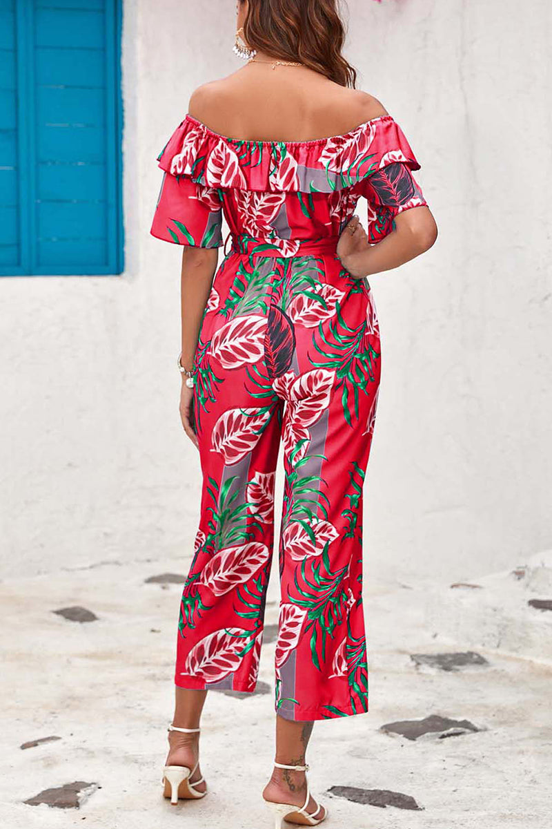 Bohemian College Floral Patchwork Flounce O Neck Loose Jumpsuits