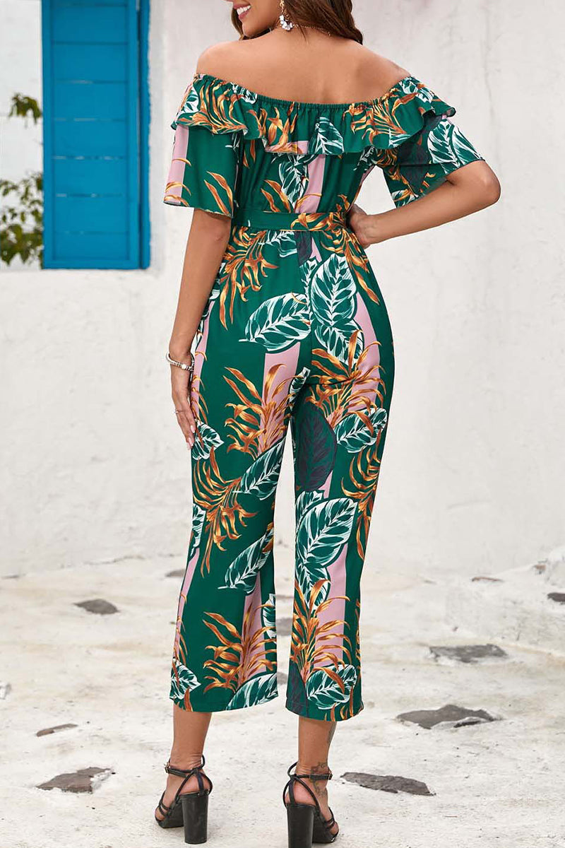 Bohemian College Floral Patchwork Flounce O Neck Loose Jumpsuits