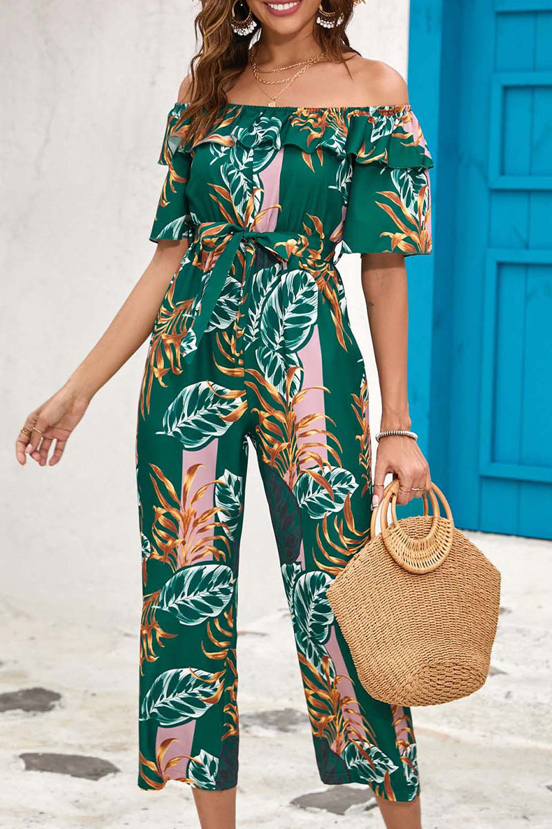 Bohemian College Floral Patchwork Flounce O Neck Loose Jumpsuits