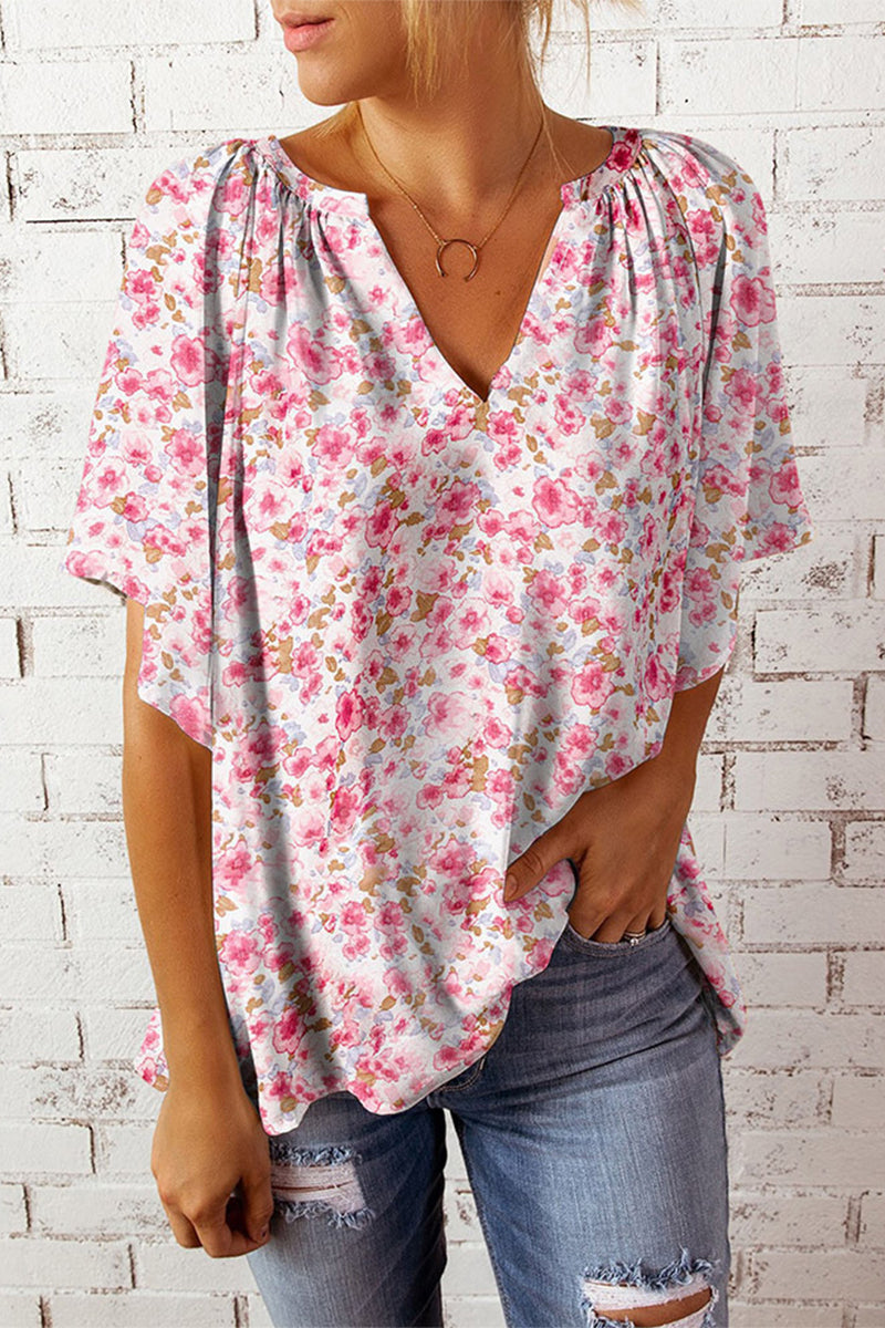 Sweet Elegant Floral Patchwork V Neck T-Shirts(4 Colors)