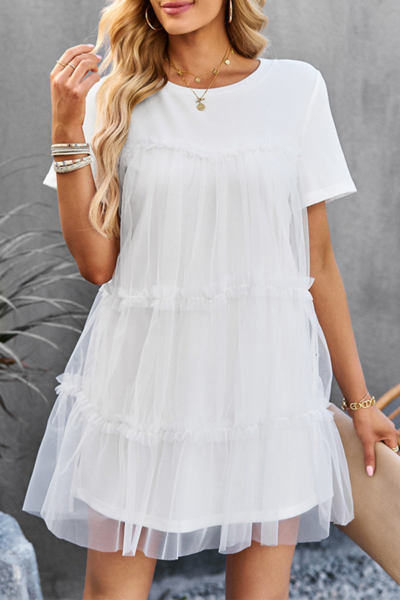 Sweet Elegant Solid Mesh O Neck Short Sleeve Dress