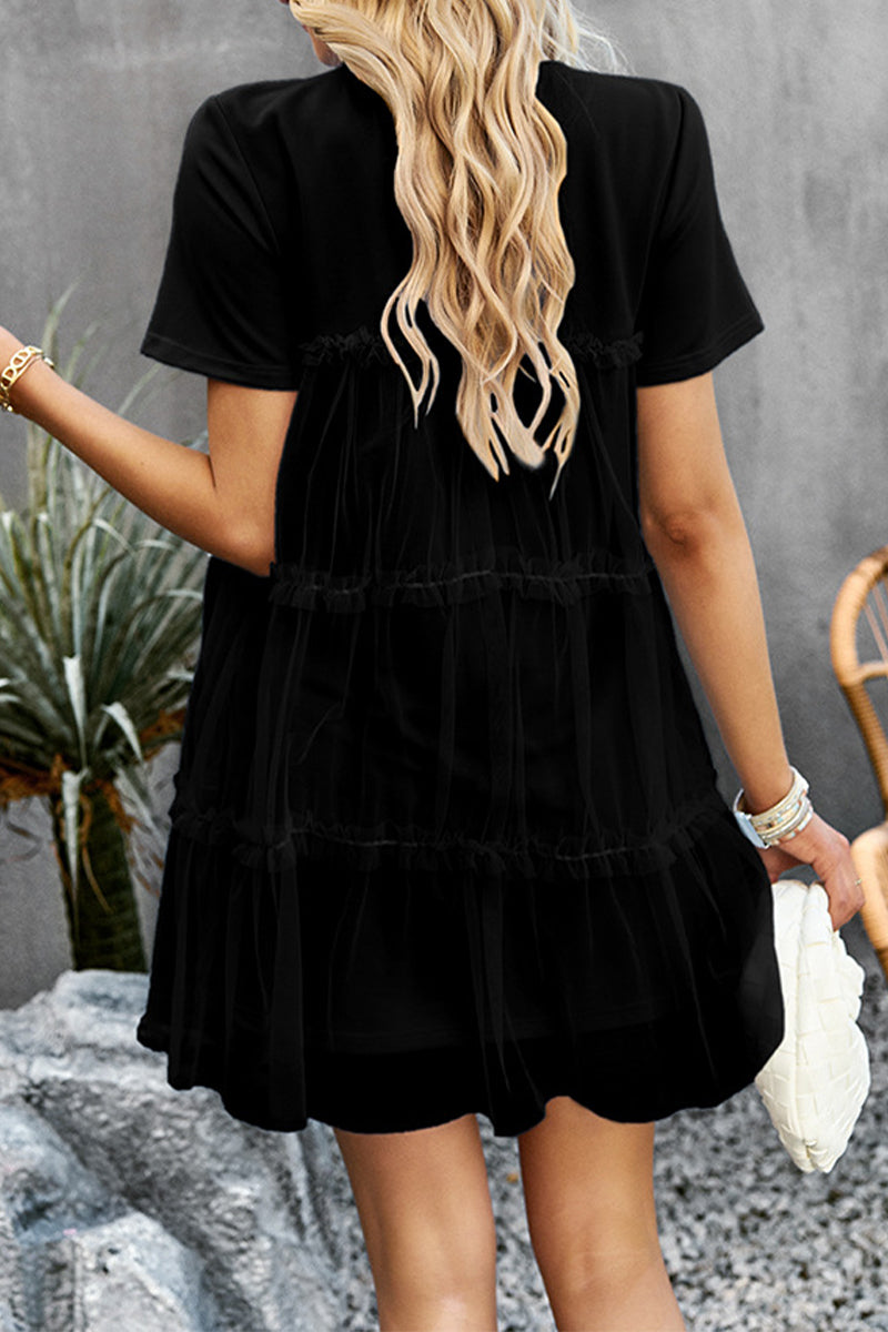 Sweet Elegant Solid Mesh O Neck Short Sleeve Dress