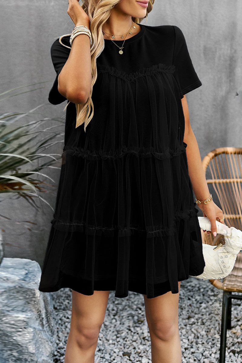 Sweet Elegant Solid Mesh O Neck Short Sleeve Dress