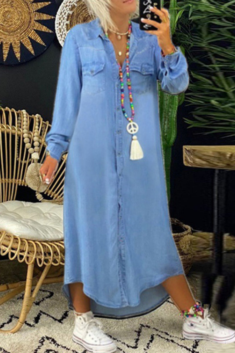 Casual Street Solid Patchwork Shirt Collar Long Sleeve Loose Denim Dresses(3 Colors)