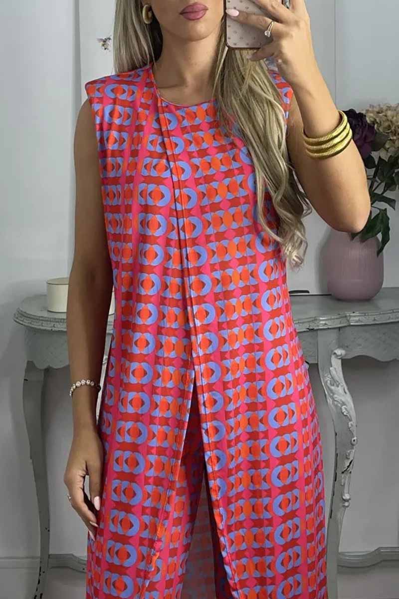 Casual Print Slit O Neck Sleeveless Two Pieces