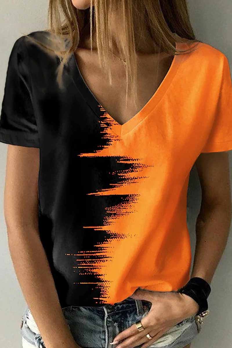 Street Print Patchwork V Neck T-Shirts(12 Colors)