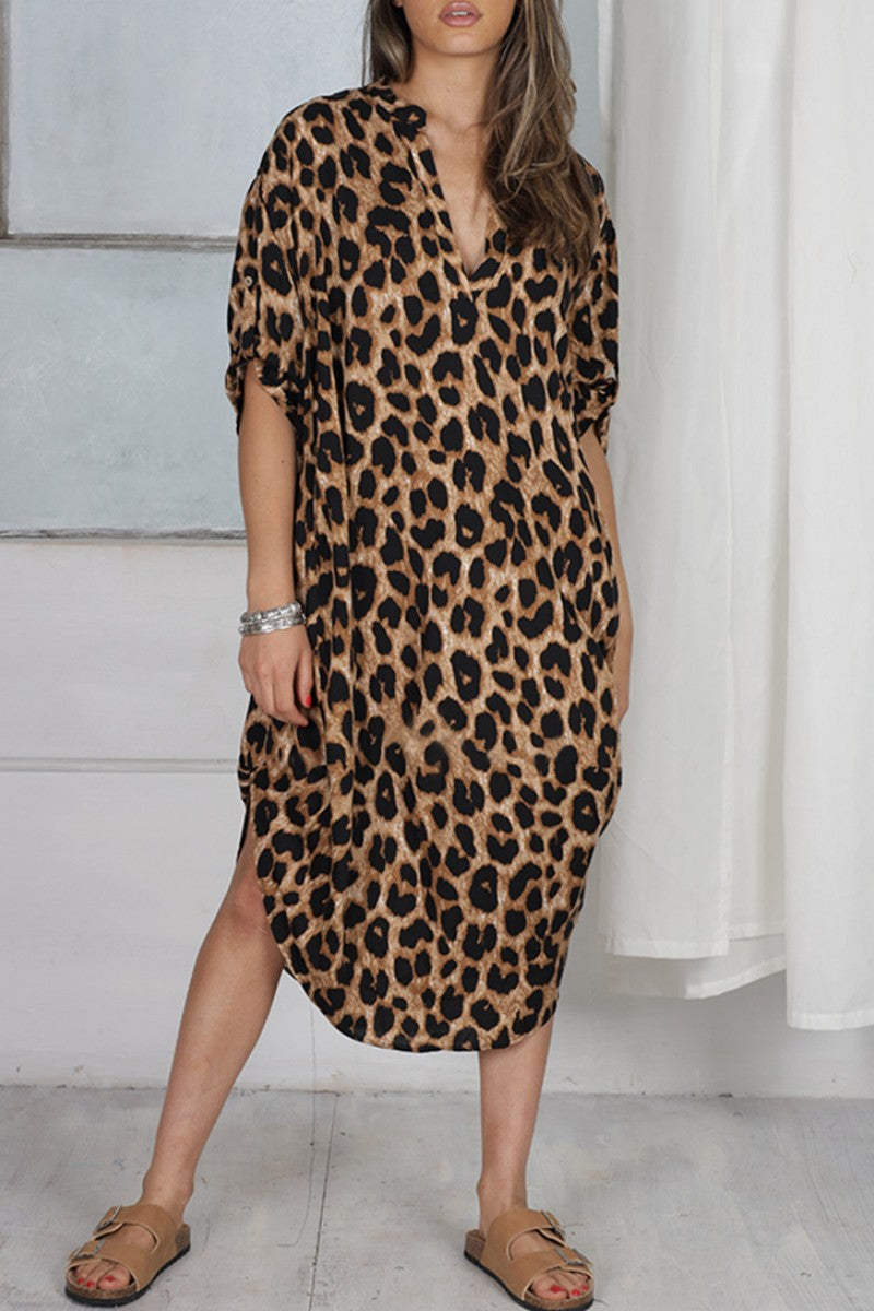 Casual Print Leopard Patchwork V Neck Printed Dress Dresses