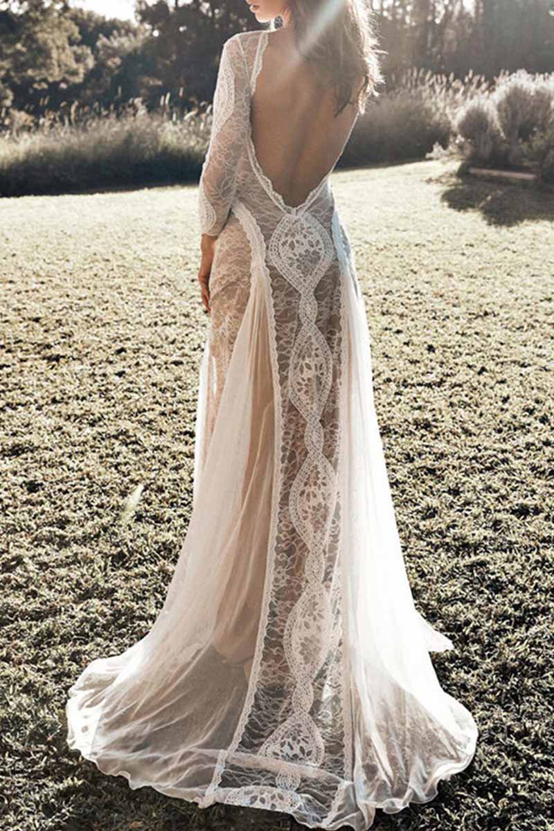 Elegant Solid Backless O Neck Lace Dress Dresses