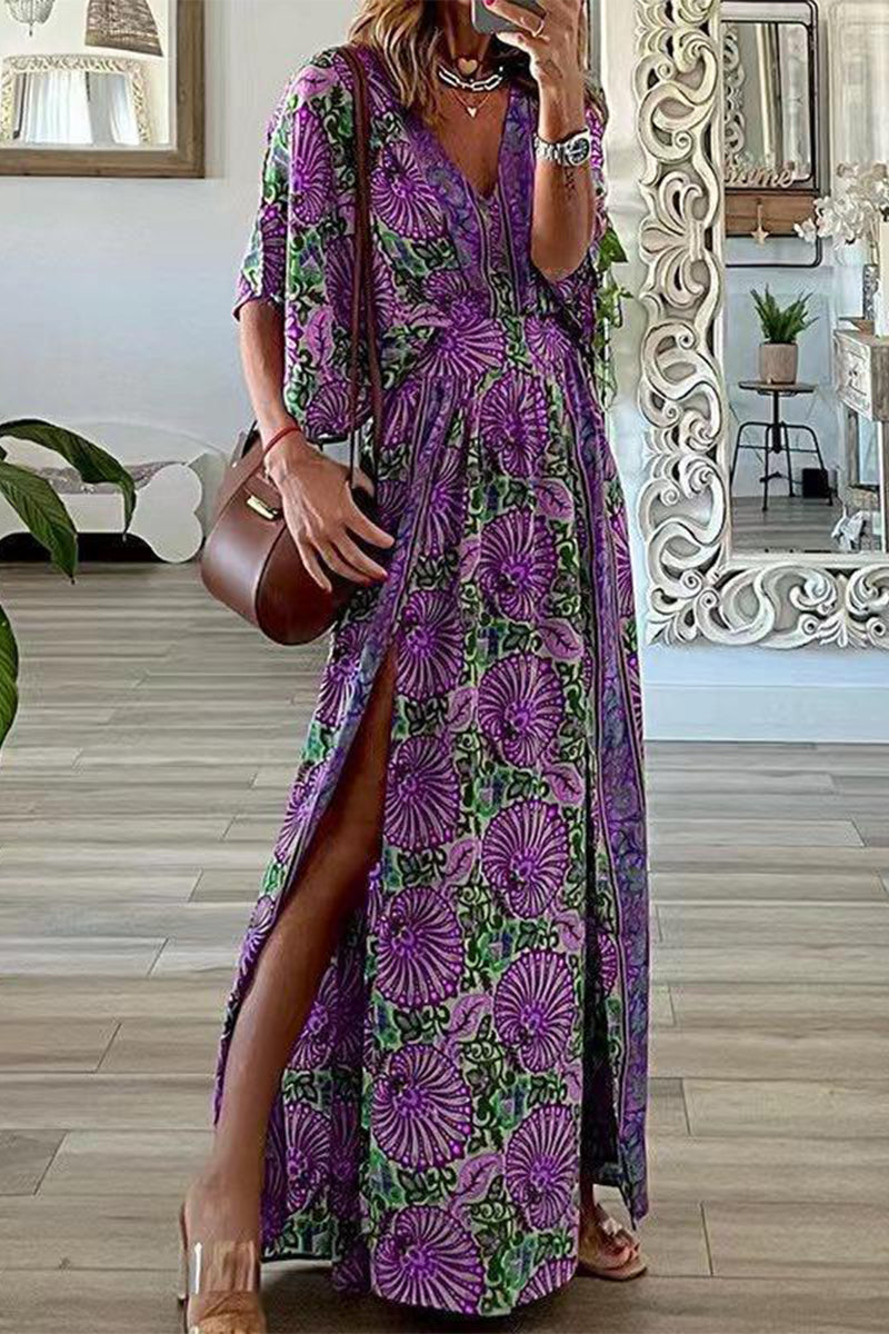 Bohemian Vintage Print Slit V Neck A Line Dresses(6 Colors)