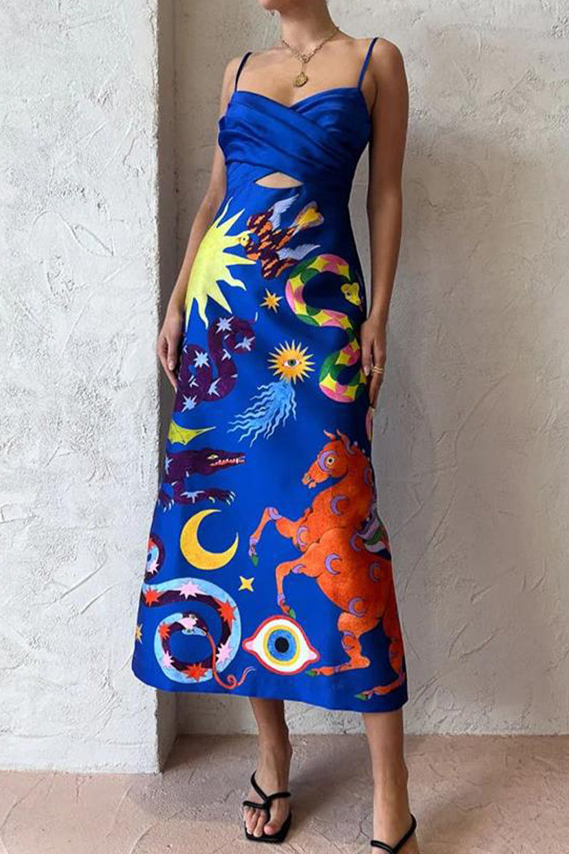 Sexy Print Backless V Neck Sling Dress Dresses