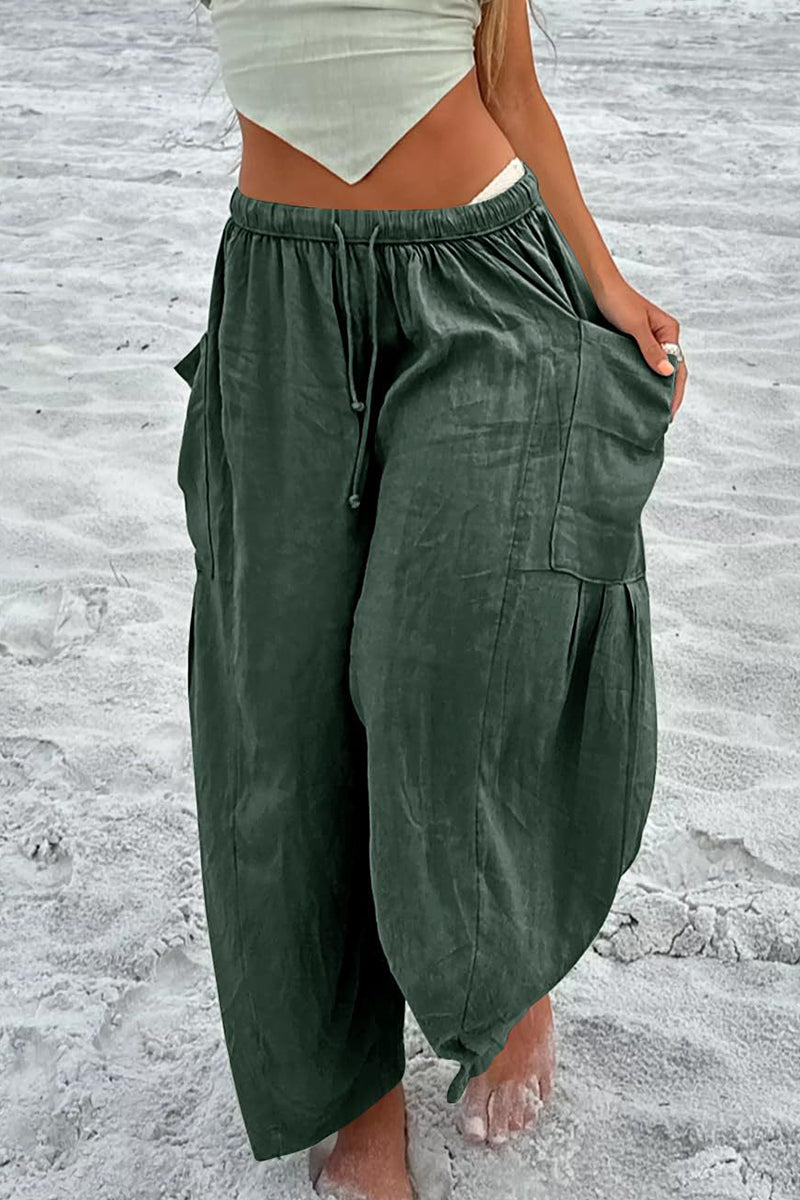 Casual Simplicity Solid Pocket Loose Mid Waist Wide Leg Solid Color Bottoms