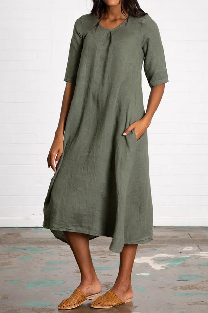 Casual Solid Pocket O Neck A Line Dresses(5 Colors)